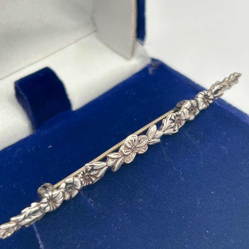 Antique Elegant Floral Silver Bar Pin Brooch Miniature Flowers​​​